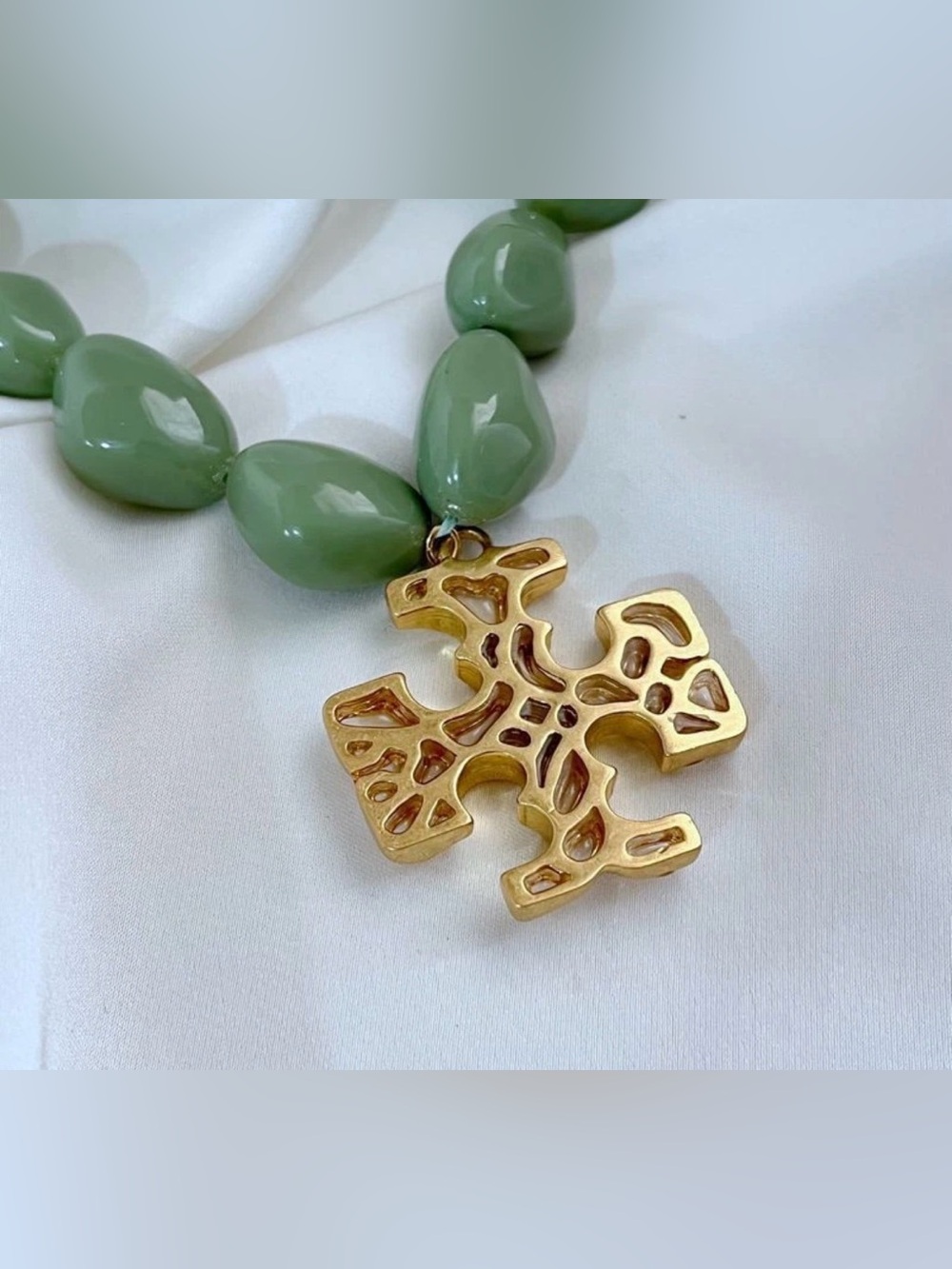 Tory Burch Gold Cross Necklace with Sage Green Beads - Picture 2 of 3